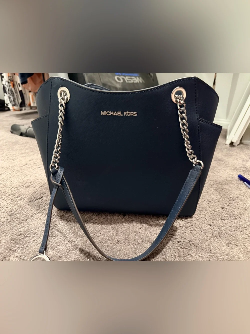 Michael Kors Navy Leather Shoulder Bag with Gold Chain Handles